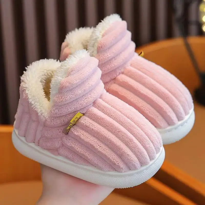 

2025New Winter Concise Stripe Plush Slippers Children's Non-slip Soft Sole Kids Boys Girls Heel Wrap Warm High Home Cotton Shoes