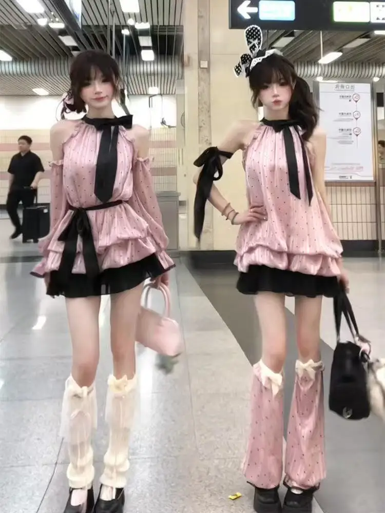 

Pink Lace Long Sleeve Neck Hanging Dress Women's Retro Style Mini Dress Full Sleeve round Neck Empire Waistline Autumn Dress