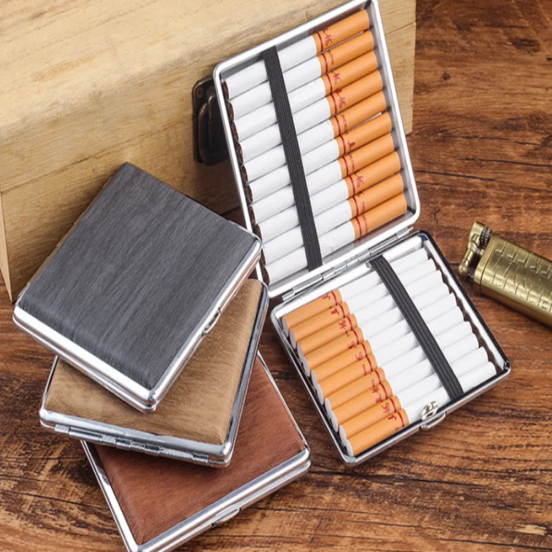 20-Pack Men’s Portable Leather Cigarette Box, Creative Personalized Imitation Wood Grain Case for Coarse Smoking Accessories