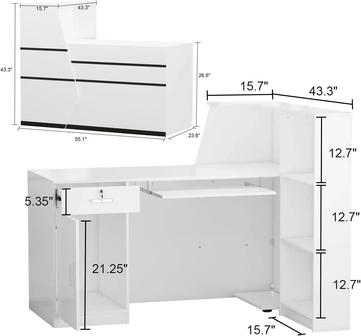 Reception Desk with Lockable,Office Desk Reception Counter Table with Cabinet and Black Stickers,White(55.1”W x 43.3”D x 43.3”H)