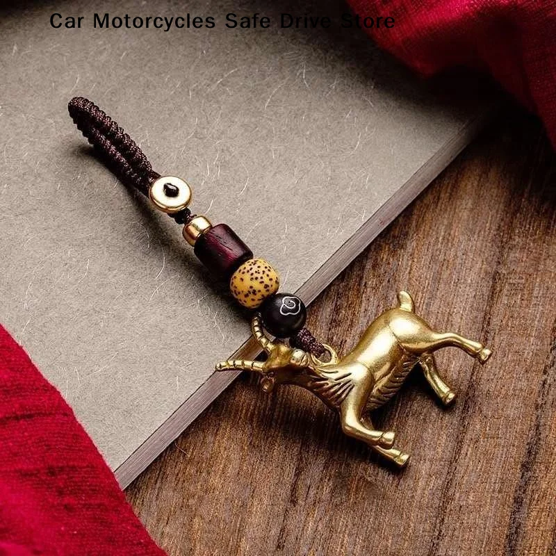 【M】Brass Goat Key Chains Antique Copper Zodiac Animal Sheep Car Keychains Mini Figurines Accessory Ornament New Year Gift
