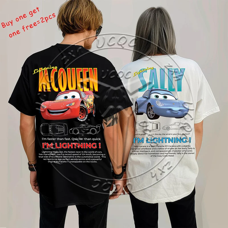 New Lightning Mcqueen&Sally Carrera 2pcs Youth Men Women Couple Sportswear Made Of Pure Cotton Buy One Get One Free T-shirt