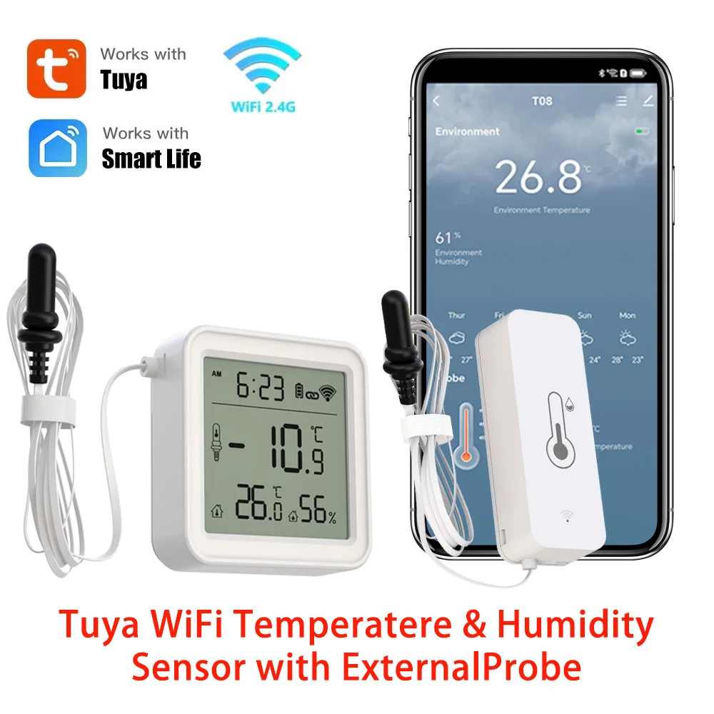 Tuya WiFi Temperature Humidity Sensor with External Probe Hygrometer for Remote Monitoring Works with Alexa Yandex SmartLife