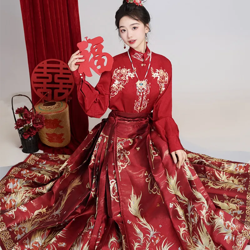 

Новый комплект юбки в китайском стиле с конским лицом, женское платье Hanfu с цветочным рисунком для макияжа, красное свадебное платье в китайском стиле в сочетании с