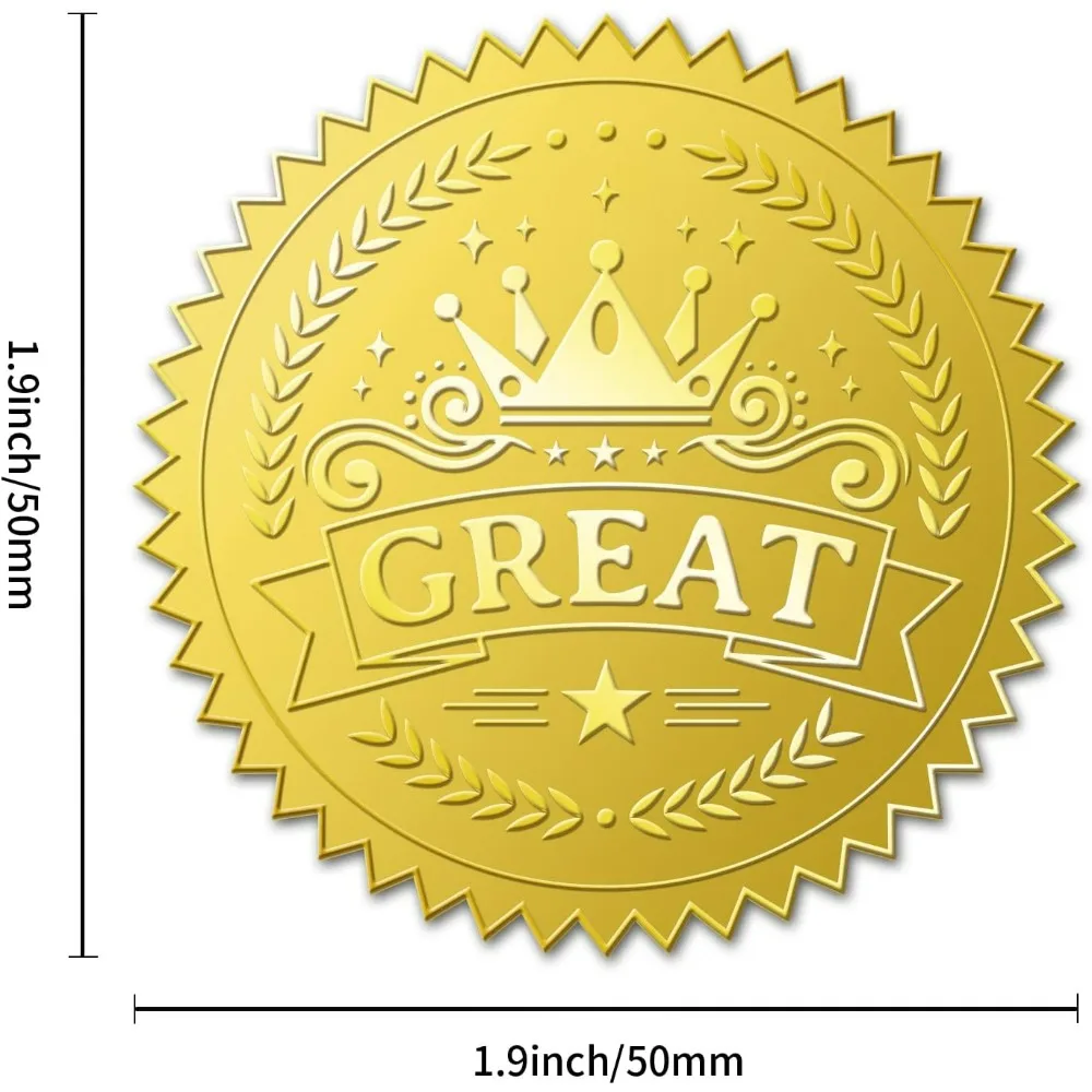 100 Packs Crown Great Embossed Gold Foil Stickers Creat Self Adhesive Certificate Seals for Invitations Graduation Notary Seals