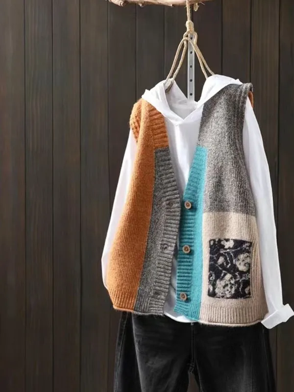 

Ретро-кардиган-жилет вязаный женский, весенне-осенний, новинка, с цветным принтом, верхняя одежда, жилет-куртка