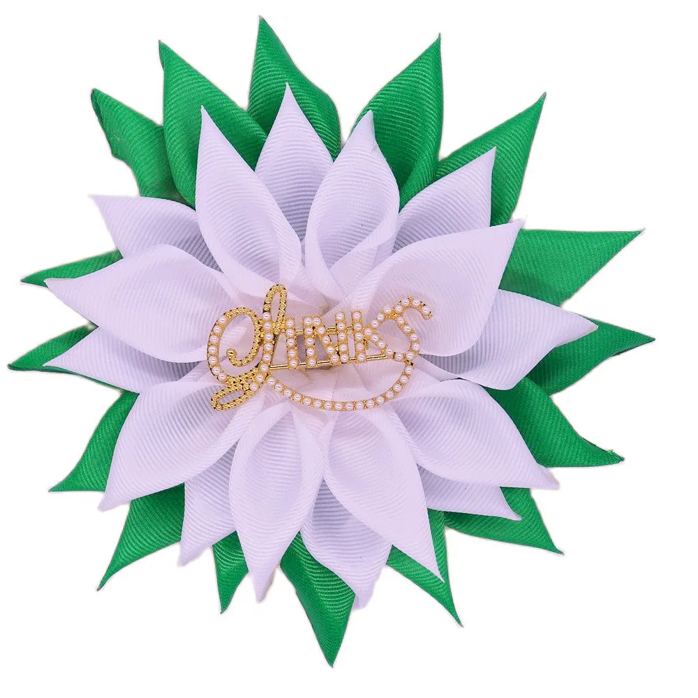 Fashion Ladyers Satin White Green Ribbon Corsagae Sun Flower Greek Social Incorporated Links Brooch Sorority Pin For Ladys