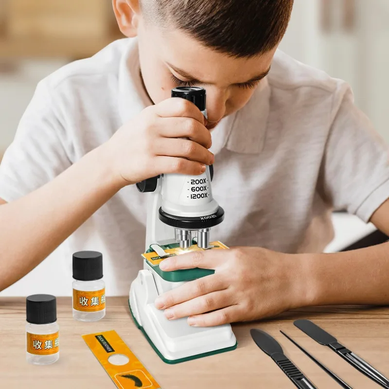 Children Microscope Kit 200x 600x 1200x Biological Science Stem Toy School Home Educational Pocket Microscope with LED Light