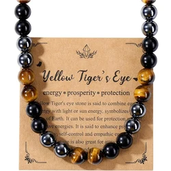 Mens Healing Crystal Black Obsidian Tigers Eye Hematite Natural Stone Beaded Necklace Triple Protection Jewelry Gifts for Men