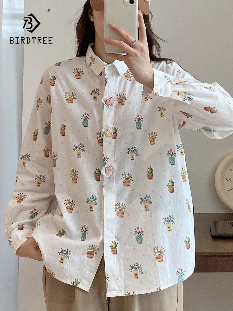 New Autumn Cotton Printed Sweet Shirts Women Lapel Collar Baisc Top Girl Long Sleeve Age Reduction Blouses 2024 Spring  T41245QC