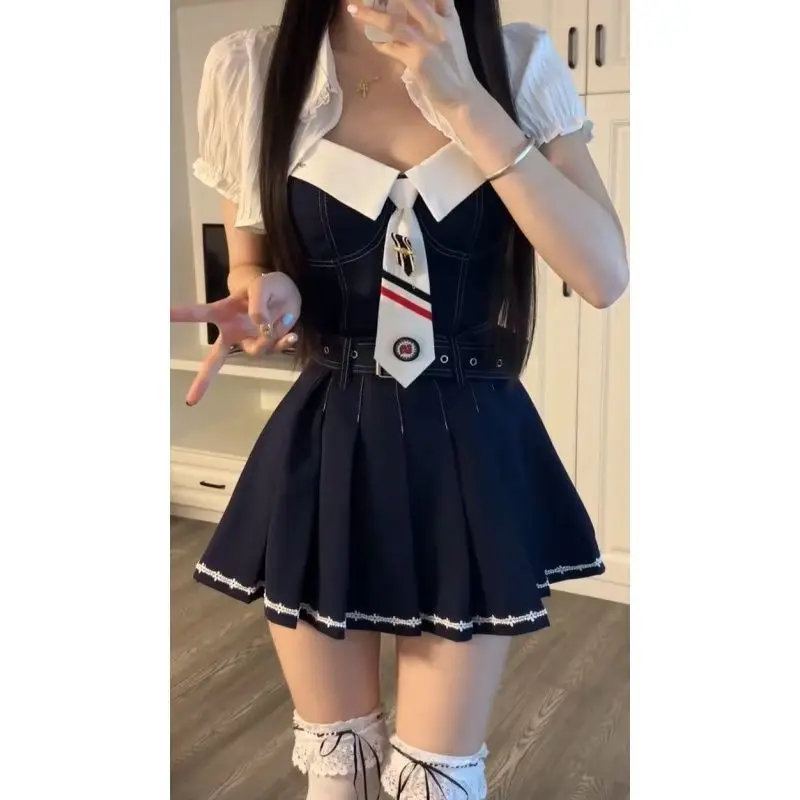 Summer Two Piece Set Women Navy Blue Suspender Dress with White Puff Sleeve Blouse Sweet College Style Slim Fit Kawaii Outfits