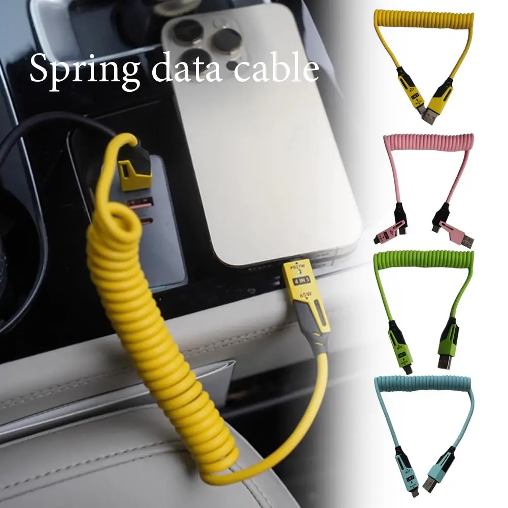 4in1 USB C Fast Charging Cord Spring Short Charger Cable Data Cable For Phones Laptops Tablets PD 65W Charger Cord F0K6
