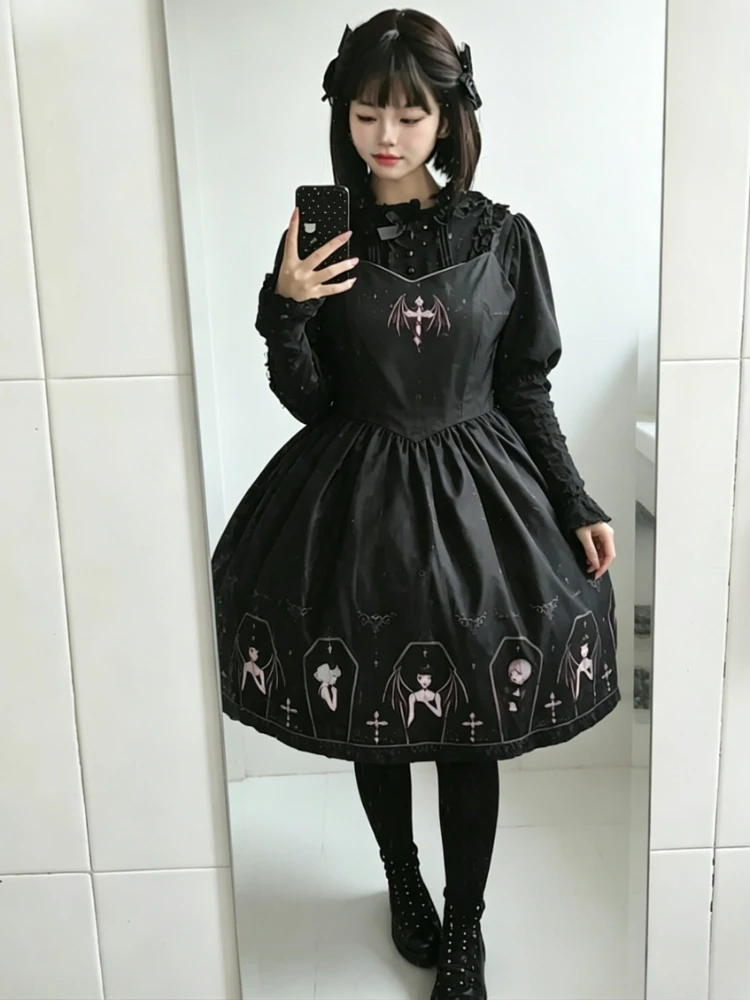 

Gothic Dark Devil Print Dress Japanese Style Black Lolita Jsk Victorian Suspender Dress Women Sexy Sweet Goth Bandage Mini Dress