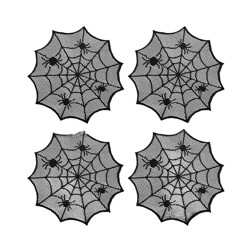 4 Piece Round Halloween Placemats Black Lace Web Design Polyester Table Mats for Themed Dining and Table Protection