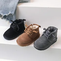 Botas de nieve para niños, botas de invierno cálidas de felpa gruesa de cuero genuino para niñas, zapatos informales antideslizantes de suela suave de ante para niños, talla 21-37