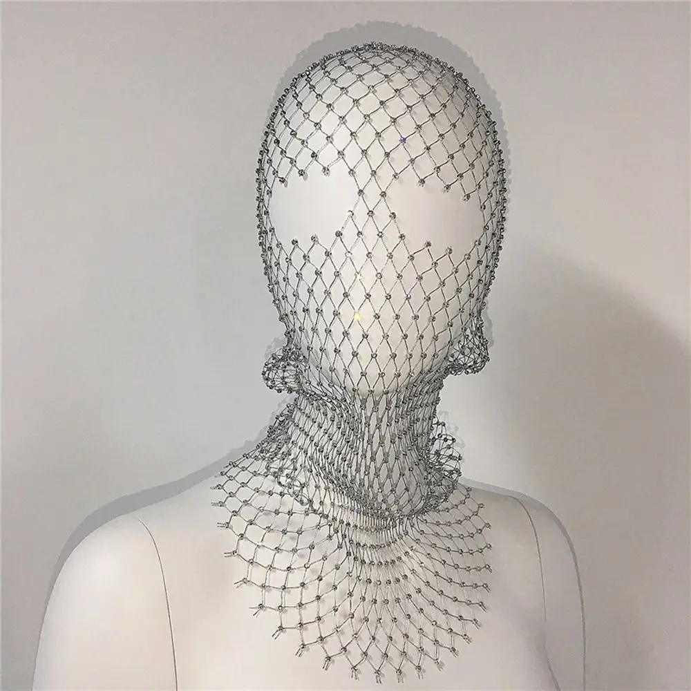 Wedding Bride Mask Mesh Hollow Out Shining Headcover Diamond Headwrap Crystal Head Mask Rhinestone Mesh Veil Fishnet Headhood