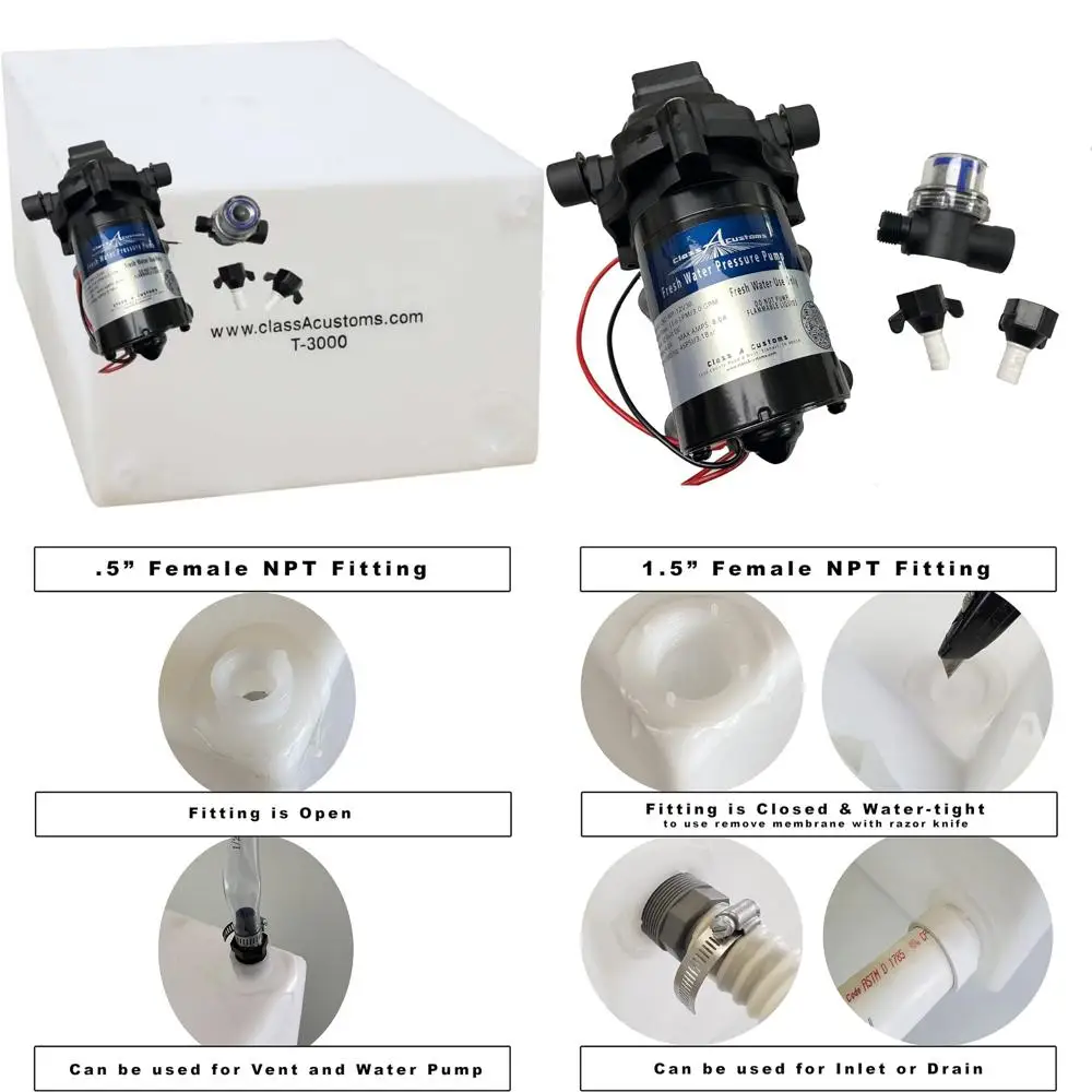 Portable 30 Gallon RV Fresh Water Tank with 12V Pump - T3000 Model