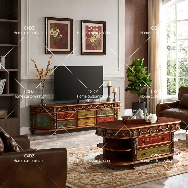 TV cabinet solid wood coffee table American video cabinet bedroom floor cabinet living room retro painted carved furniture