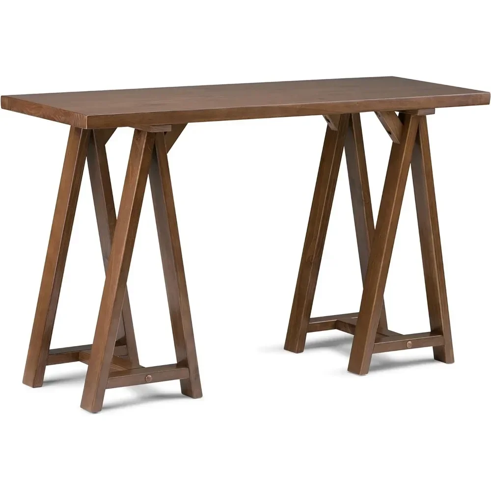 Sawhorse SOLID WOOD 50 inch Wide Modern Industrial Console Sofa Entryway Table in Medium Saddle Brown,