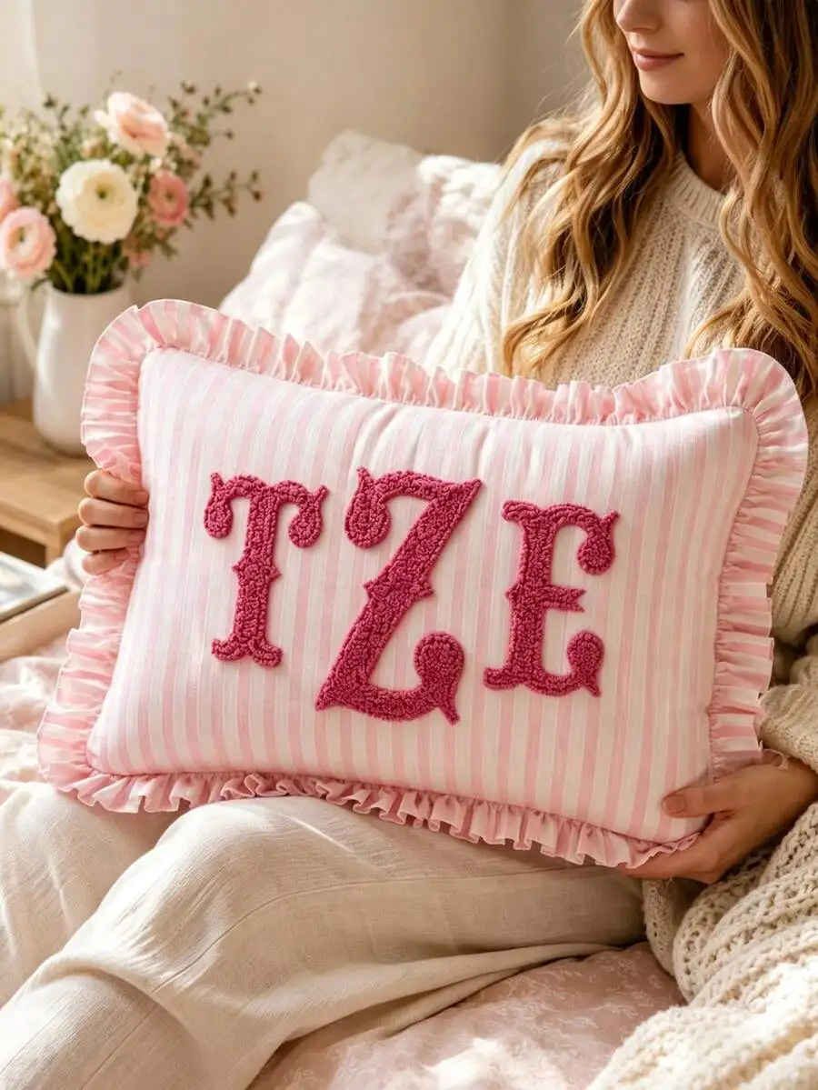 Personalized Striped Ruffle Eyelet Embroidered Throw Pillow, Custom Tufted Name Embroidery Cushion, Soft Rectangular Pillow, Sui