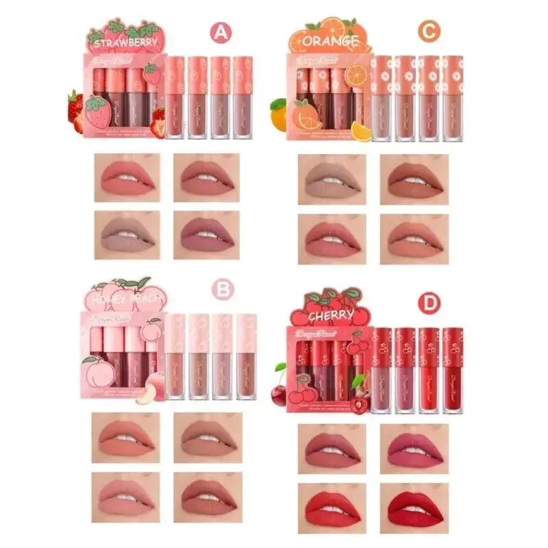 4 ชิ้น Mini Velvet Matte Lip Gloss Set ยาวนานไม่ซีดจางผลไม้กลิ่นหอม Lip Tint Smooth น้ําหนักเบา Non Stick