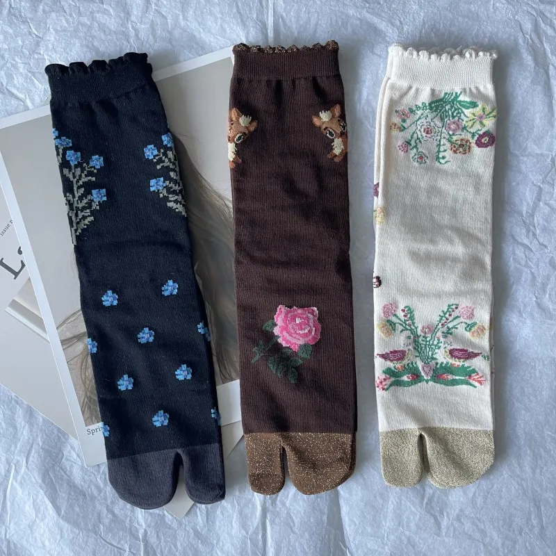 Elegant Retro Cute Combed Cotton Split Toe Woman Socks Plant Floral Patterns Soft Two-Toed Japanese Harajuku Women's Tabi Sox