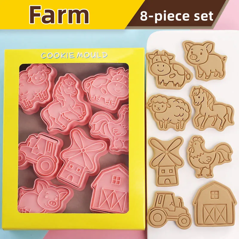 8Pcs/Set Farm Biscuit Mold Windmill Rooster Pig Sheep Cattle Horses Shape Cookie Cutter Stamp Fondant Cake Decoration Tools