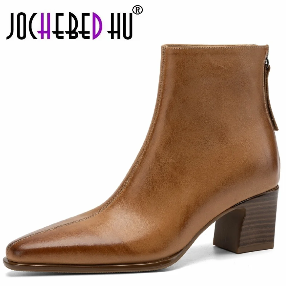 【JOCHEBED HU】New Women Handmade Genuine Leather Square Toe Soft and comfortable Chunky Mid Heel Modern Ankle Boots Concise 34-40