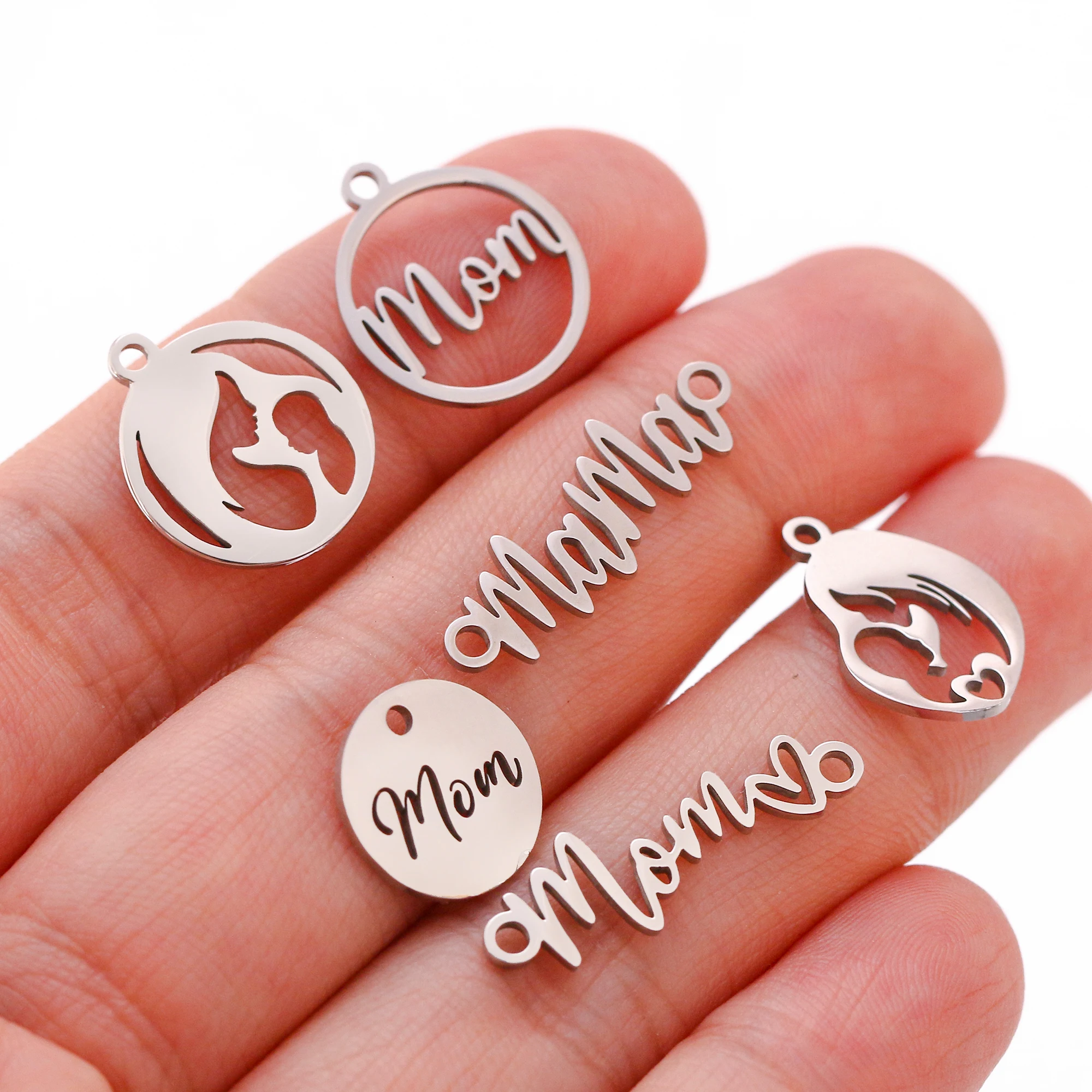 5Pcs Love Heart Mama/Boys/Girls Baby&Mother Charms Stainless Steel Jewelry Connector Pendants Fit DIY Handmade Necklace Earrings