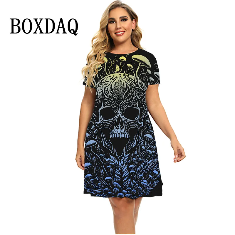 2024 New Spring Plant Mushroom 3D Skull Dresses Women Summer Short Sleeve Loose Mini Dress Casual Gradient Print Plus Size Dress