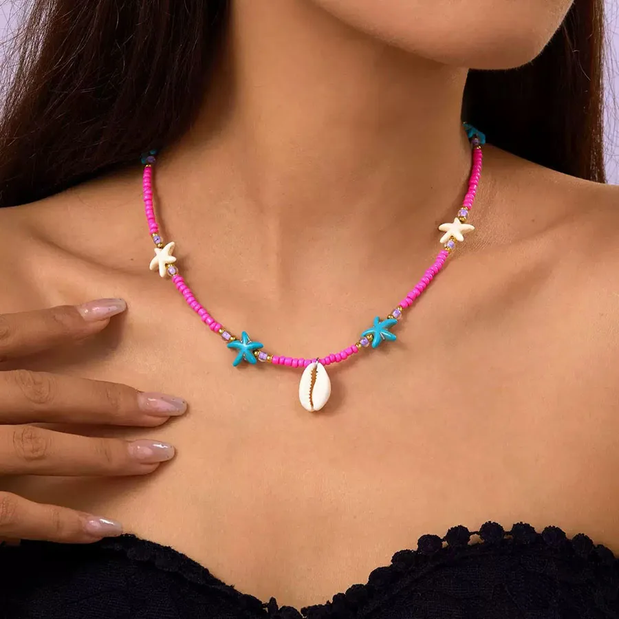 بوهيميا شل نجم البحر قلادة قلادة النساء الملابس والاكسسوارات الملونة البذور مطرز طوق قصير Joias الشاطئ الترفيه مجوهرات