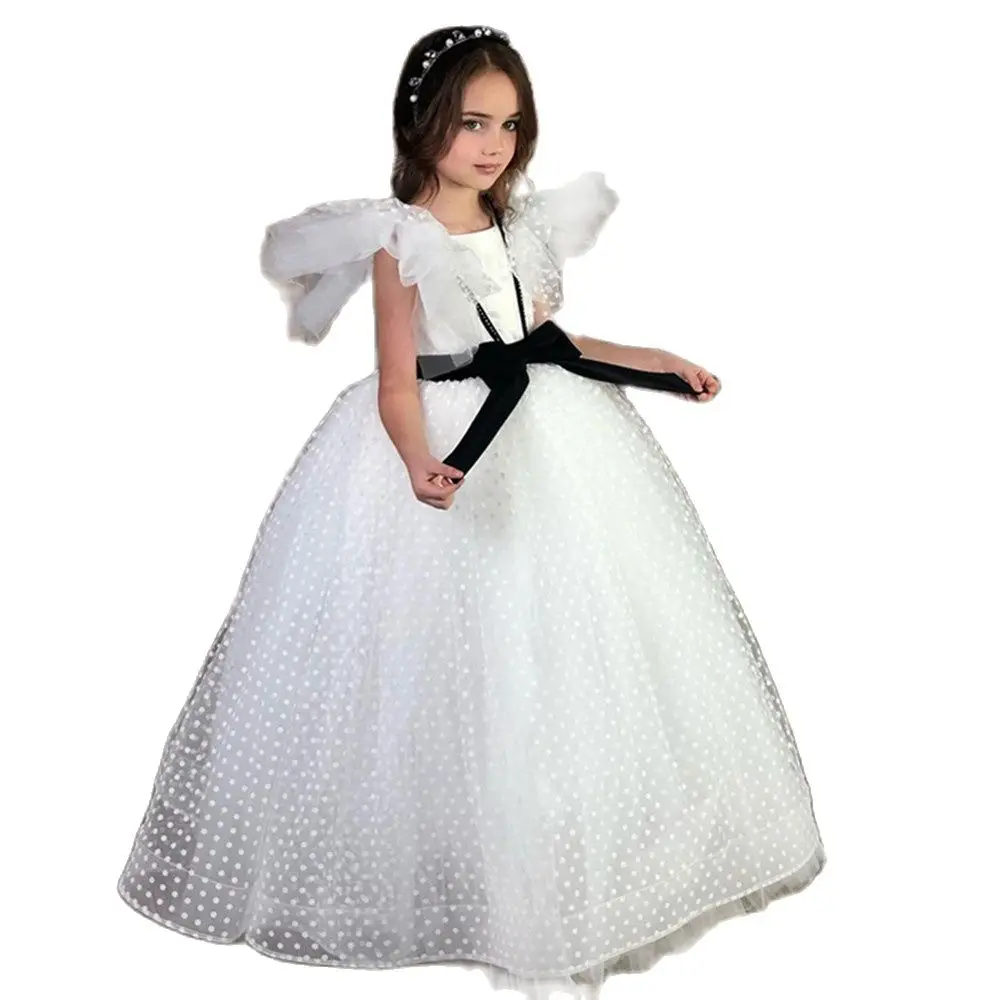 Puffy Tulle Flower Girl abiti Fly Sleeves Child Girl abito da sposa abito bianco puro per bambini Girl Party Pageant Ball Gowns