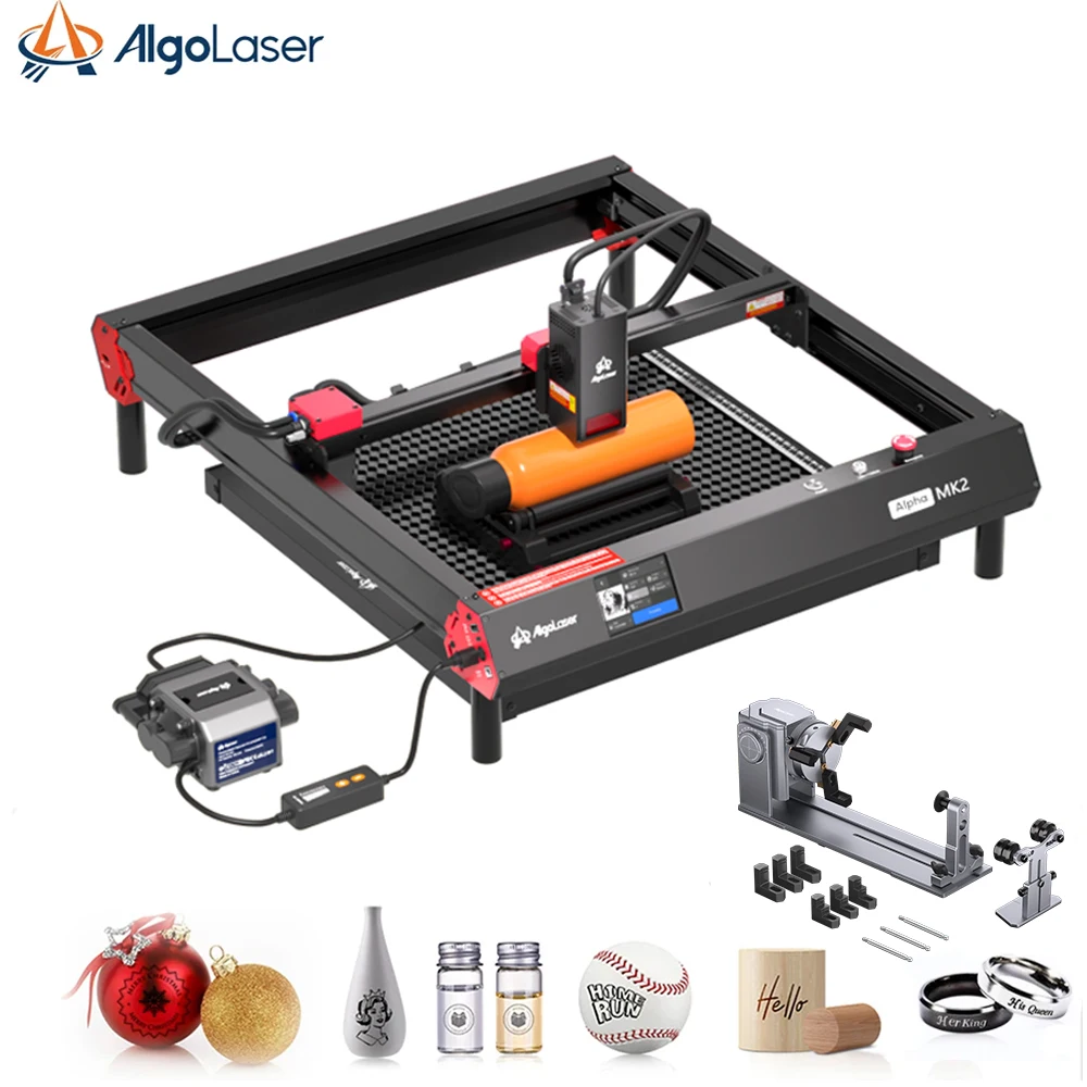 

AlgoLaser ALPHA MK2 20W Laser Cutter and Engraver with Rotary for Tumblers 500mm/s Batch Process Speed for Wood, Metal, Jewelry