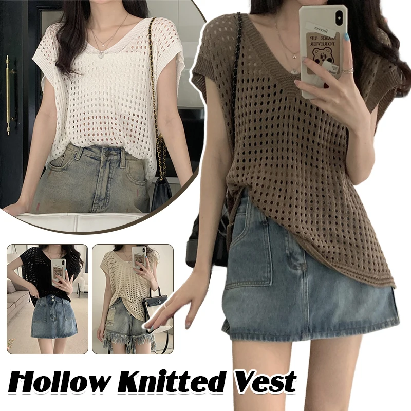 Hollow Knit V-Neck Flesh-Shading Tops Summer New T-Shirt Loose Outside The Hoodie Vest Women's Sleeveless Pullover