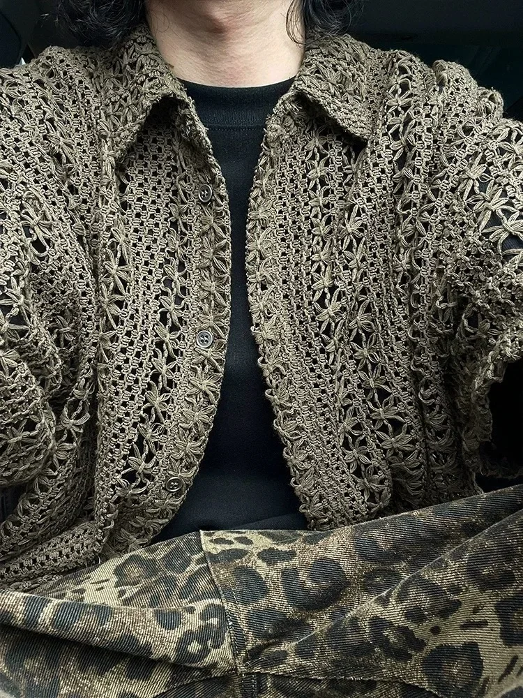 Vintage y2k camisa de malha masculina moda meia manga oco para fora ver através de malha cardigans masculino topos verão casual camisas de tricô