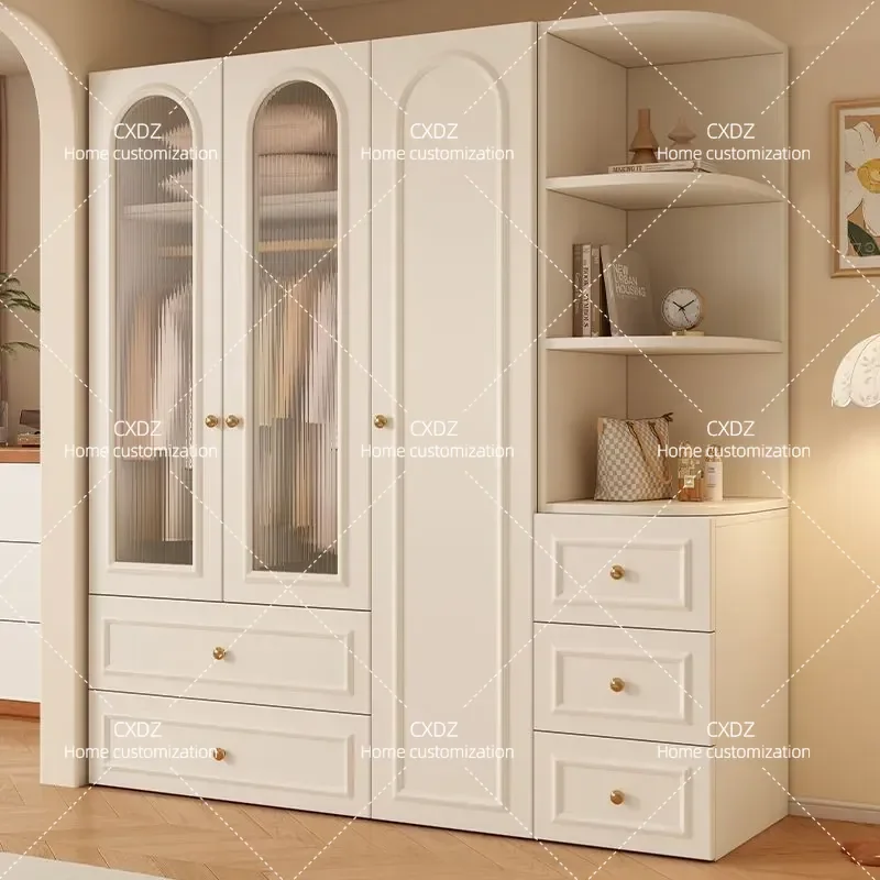 Solid Wood Wardrobe with Tempered Glass Doors and Drawers Light Luxury Pastoral Style Opposite Door Closet for Bedroom
