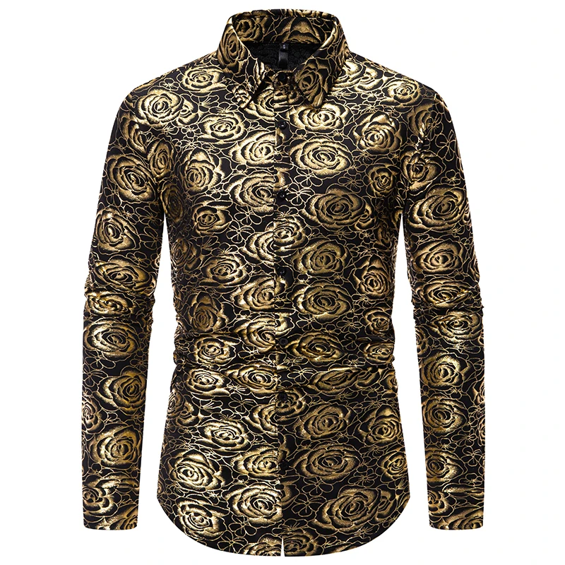 Men's Long Sleeve Shirts Rose Gilded Silky Dress Shirts Casual Tuxedo Social Shirt Luxury Designer Nightclub Men Clothing