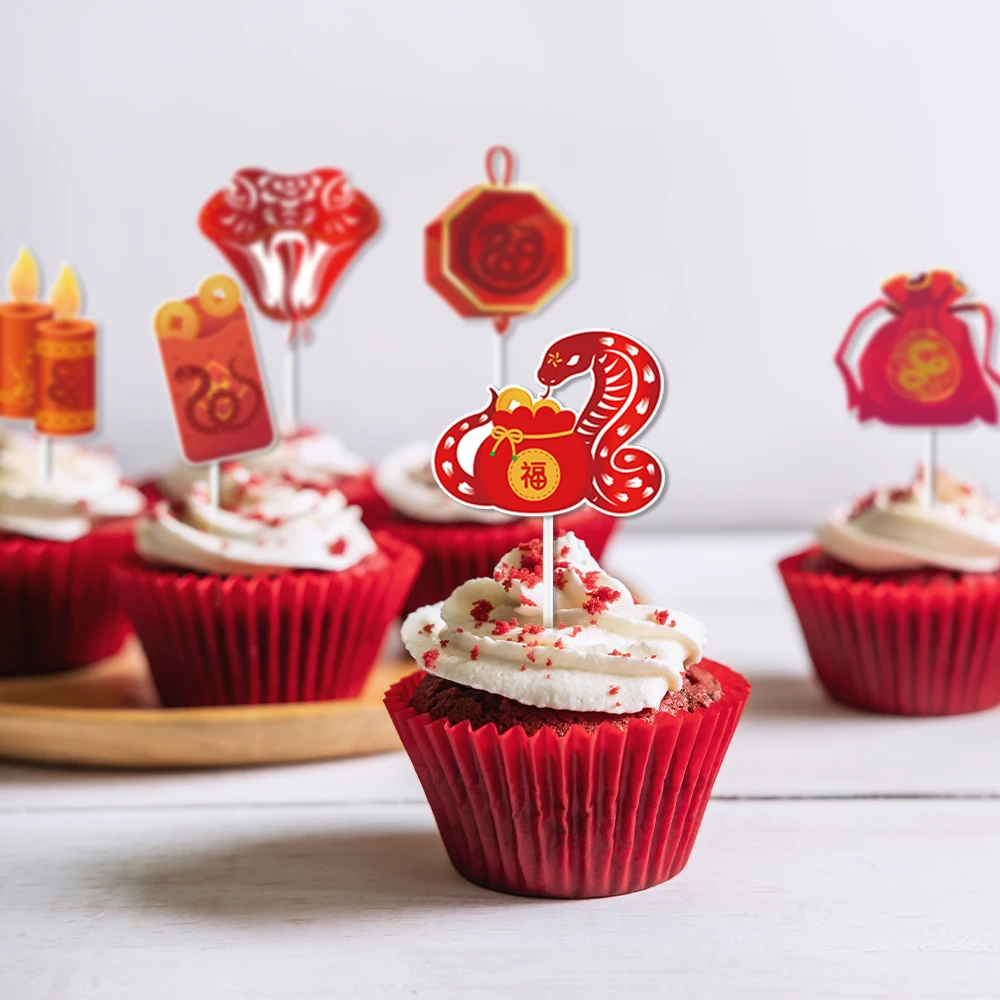 12/24pcs Chinese New Year Cupcake Toppers New Year Party Cake Decor New Year of Snake Lunar Chinese Spring Festival Decor