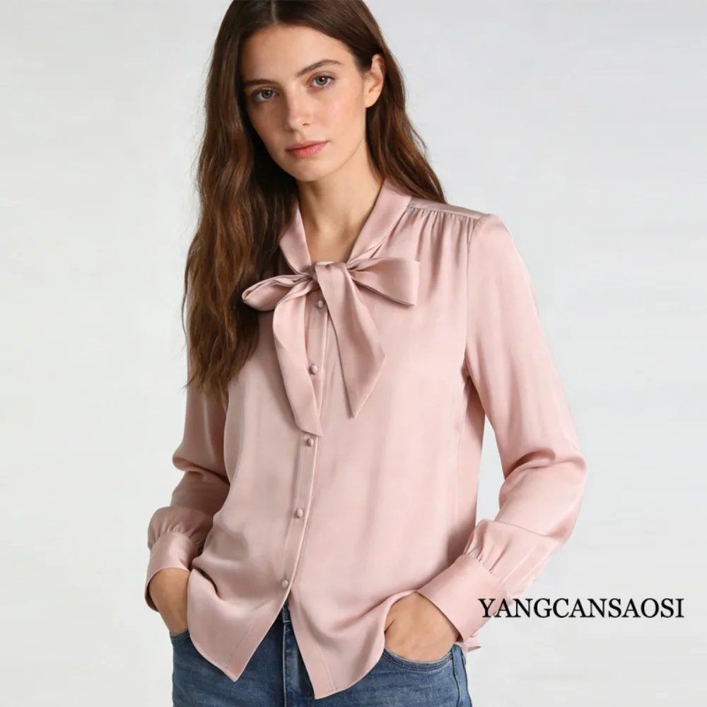 2026 Women's Fashion Spring New Clothing 20MM 93% Natural Mulberry Silk Elastic Double Qiao Satin Long Sleeve Ribbon Shirt view 3