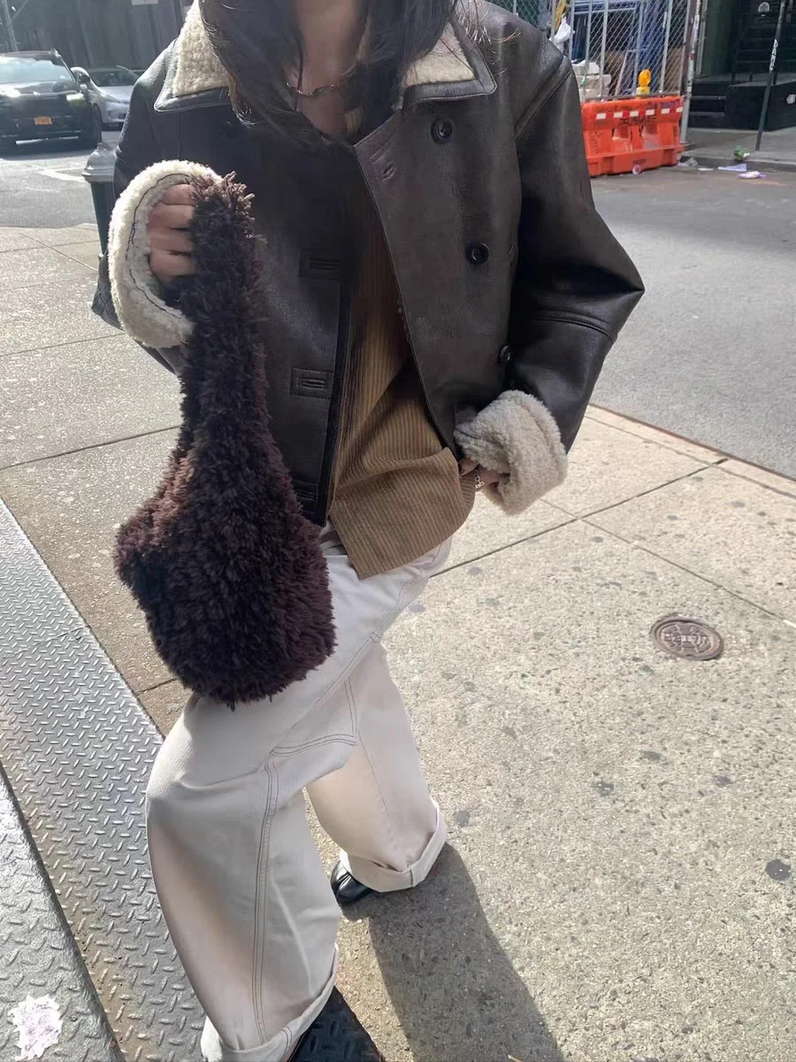 Warmte Vintage Sle Dames Jaet Dubbele Rij Knoppen Kraag PU Leer Bont Inteated ort Jas Thiened Long Sve