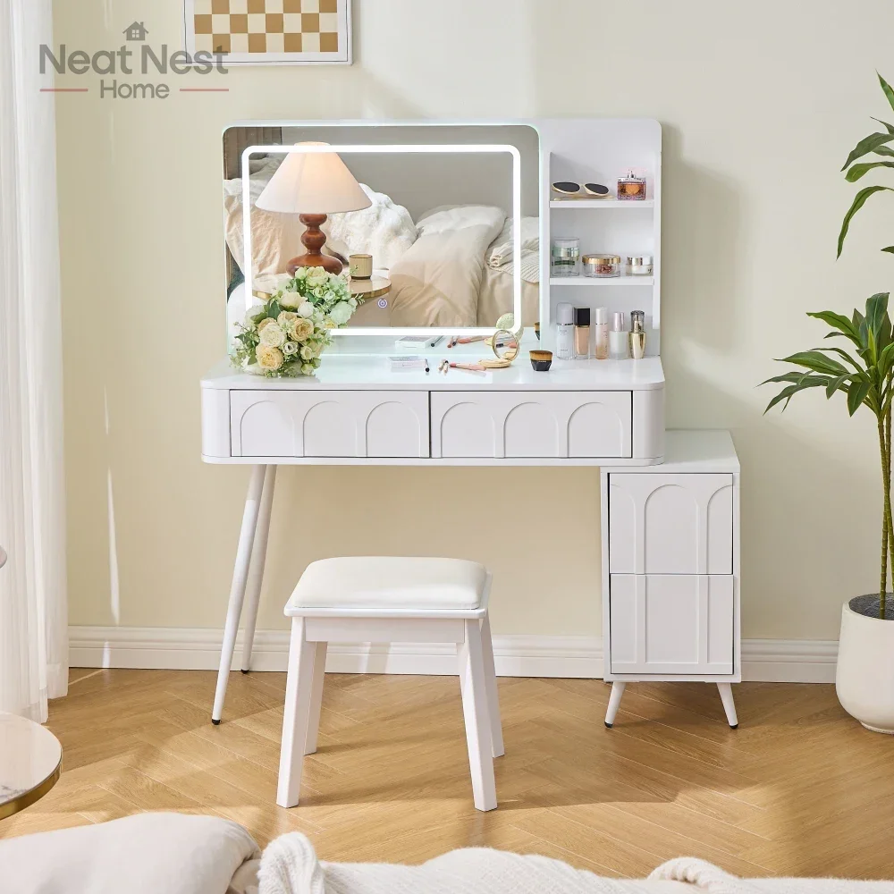 

Modern Makeup Desk with LED Lights & Mirror, 4 Drawer Dressing Table Set with Stool, Space-Saving for Bedroom,bedroom furniture