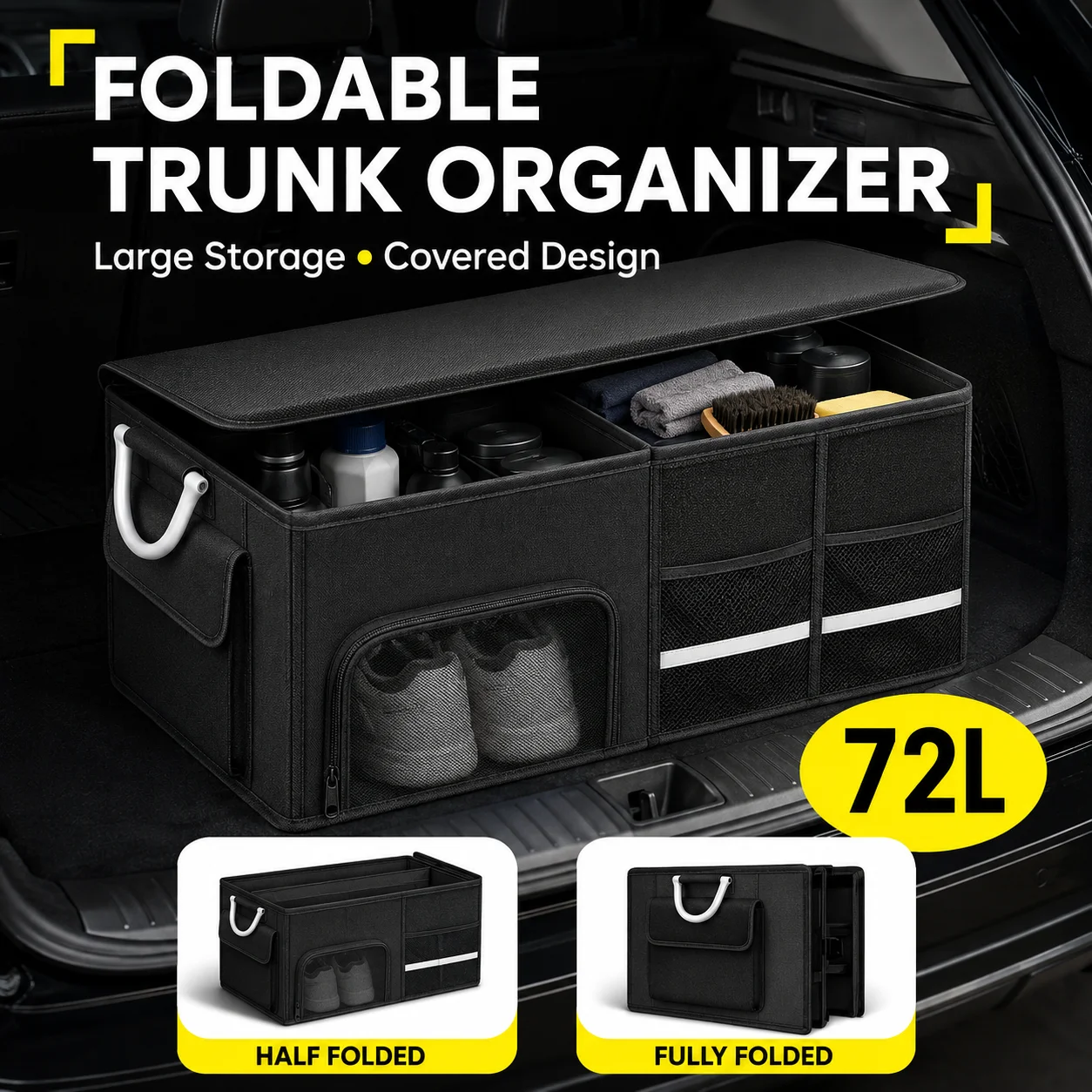 Car Trunk Organizer Foldable Storage Box - Portable Car Trunk Organizer 92L Foldable