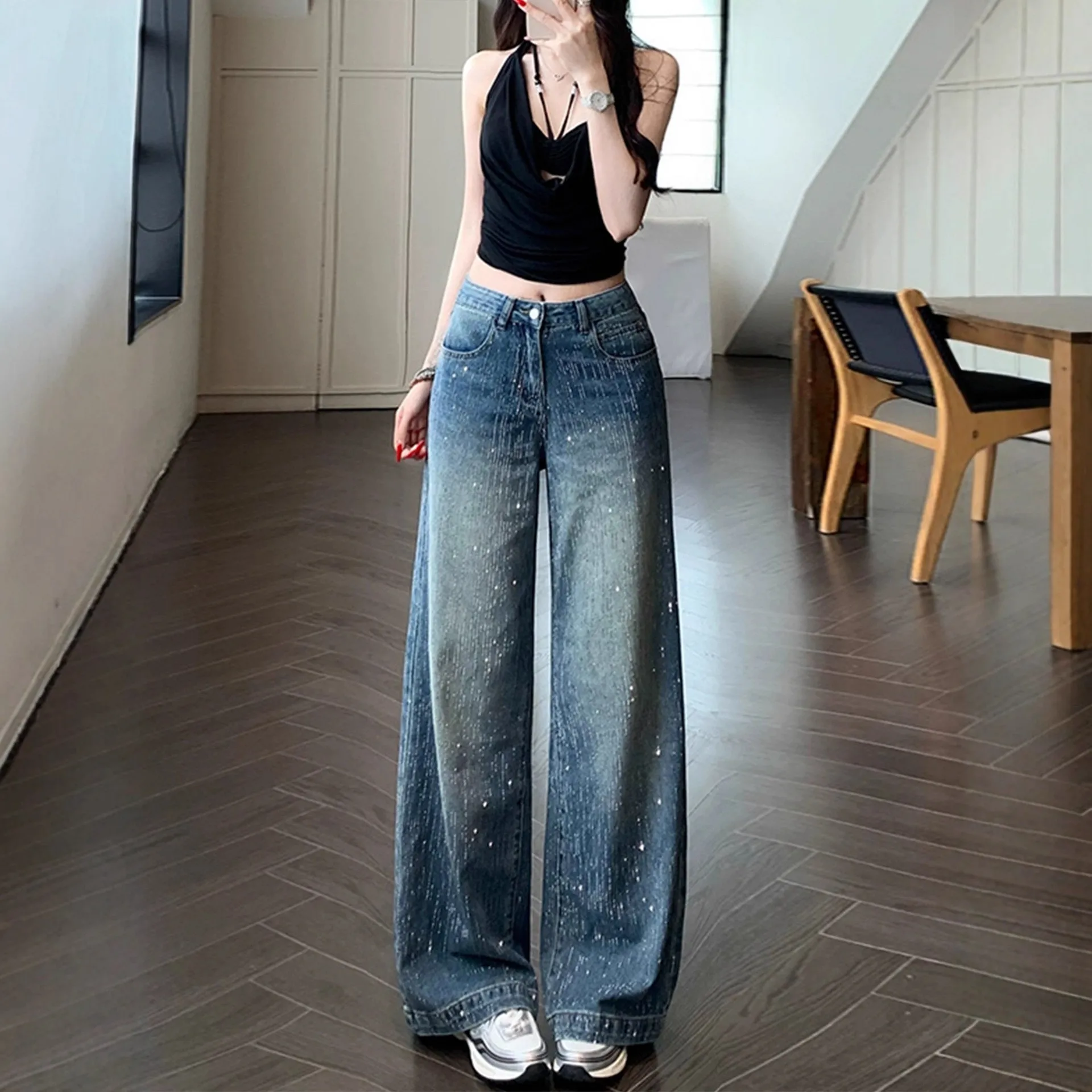 

Осенняя женская одежда: джинсы с широкими штанинами и стразами, с высокой талией, утягивающие, для невысоких, из хлопкового денима, полной длины, городские повседневные брюки