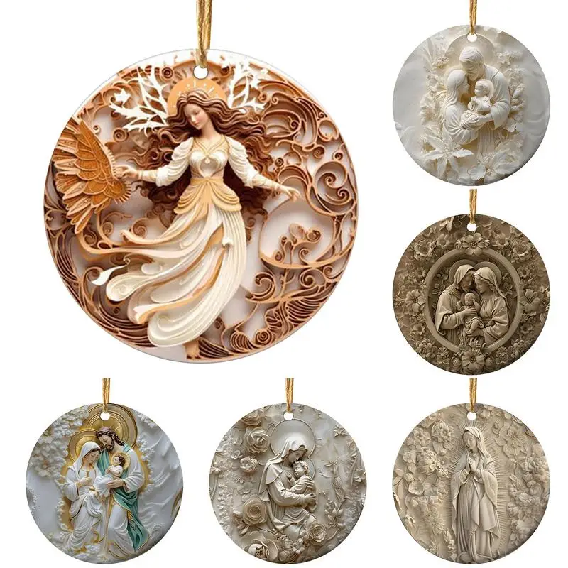 Dekorasi Natal Katolik cetak 3D bulat liontin adegan kelahiran akrilik hiasan Natal 4in ornamen natal
