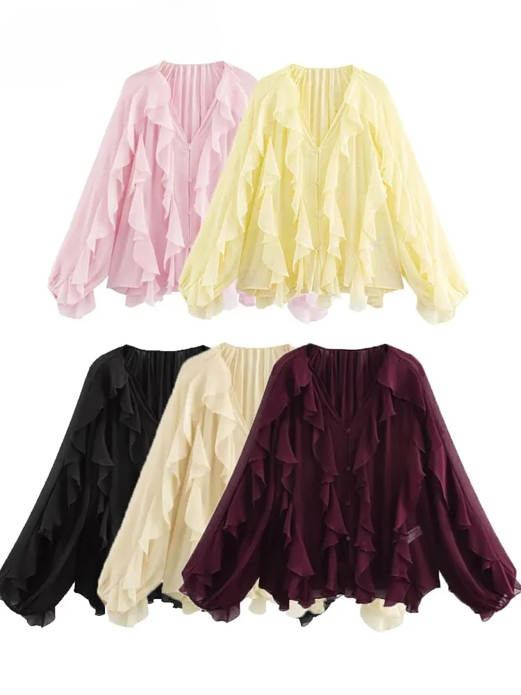

Spring Autumn New Women Casual Ruffled Shirt Loose Lace Up Hollow Out V Neck Tops Female Blouses Woman Clothes
