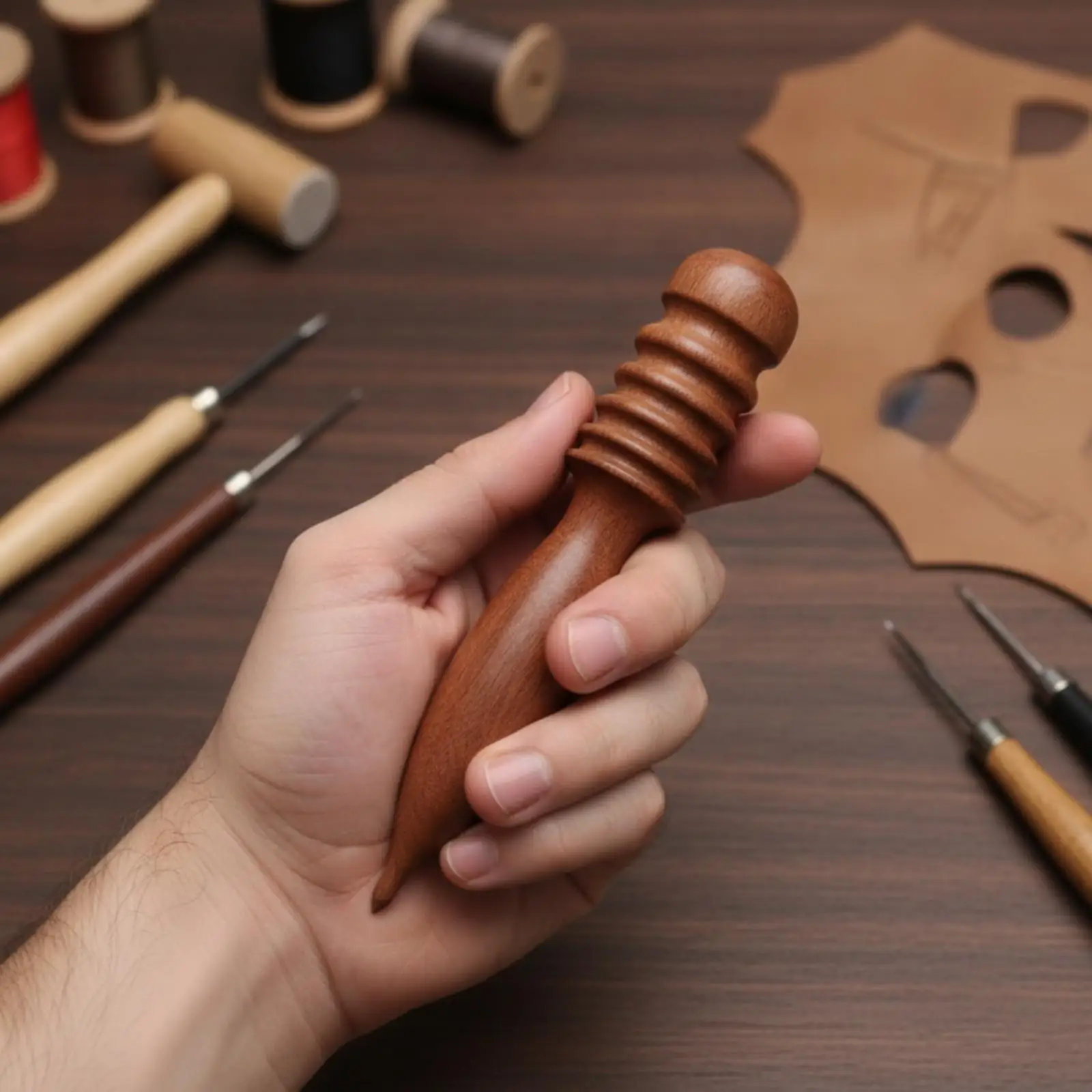 Leathercraft Polishing Abrasive Bar African Rosewood Burnisher Wooden Slicker with Ringed Handle for Edge Smoothing DIY Projects