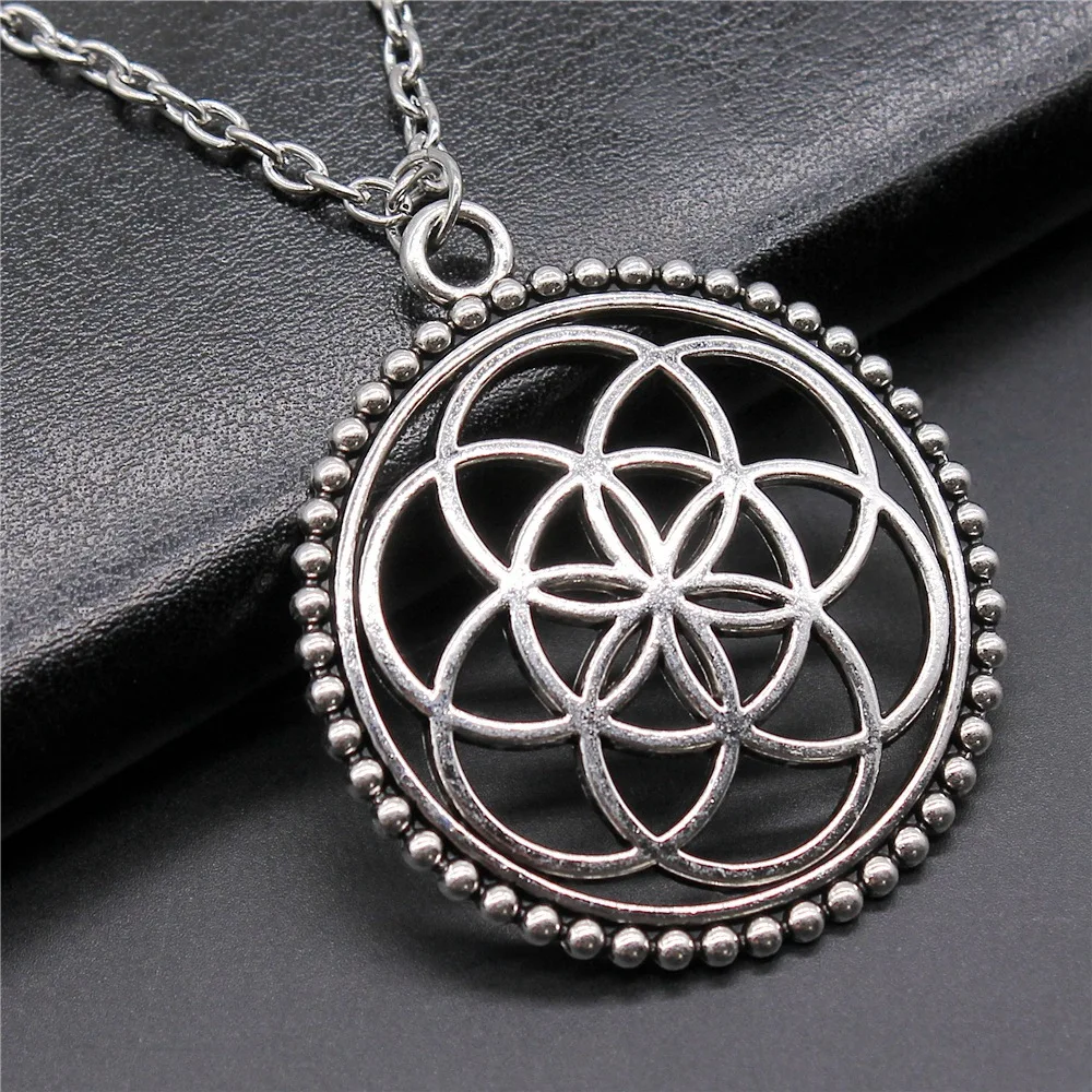 Vintage Antique Silver Color 45x40mm The Flower Of Life The Seed Of Life Pendant Necklace Long Chain Jewelry Accessories