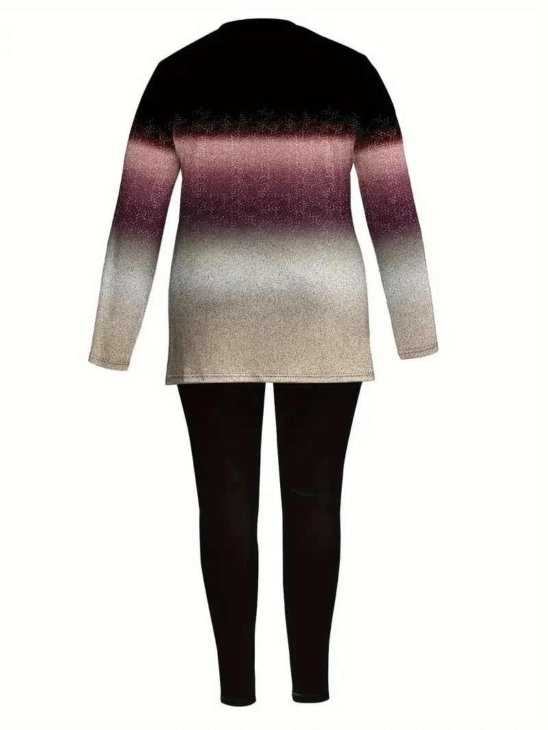 Women's Fashion Pants Set - Casual Gradient Color Printed Long-Sleeved T-Shirt + Fashionable Pants Set