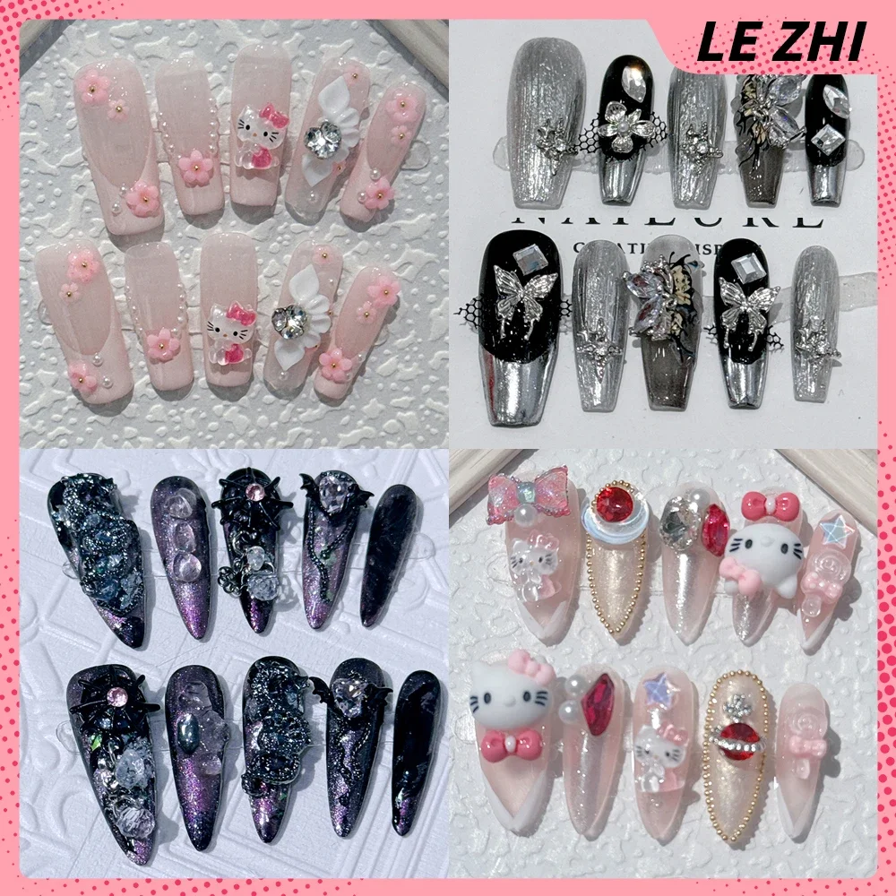 Elegance Fashion Artifical Press on Nails Hello Kitty Luxury 3D Rhinestone Rose Design Reusable Full Cover Nail Party Stickers