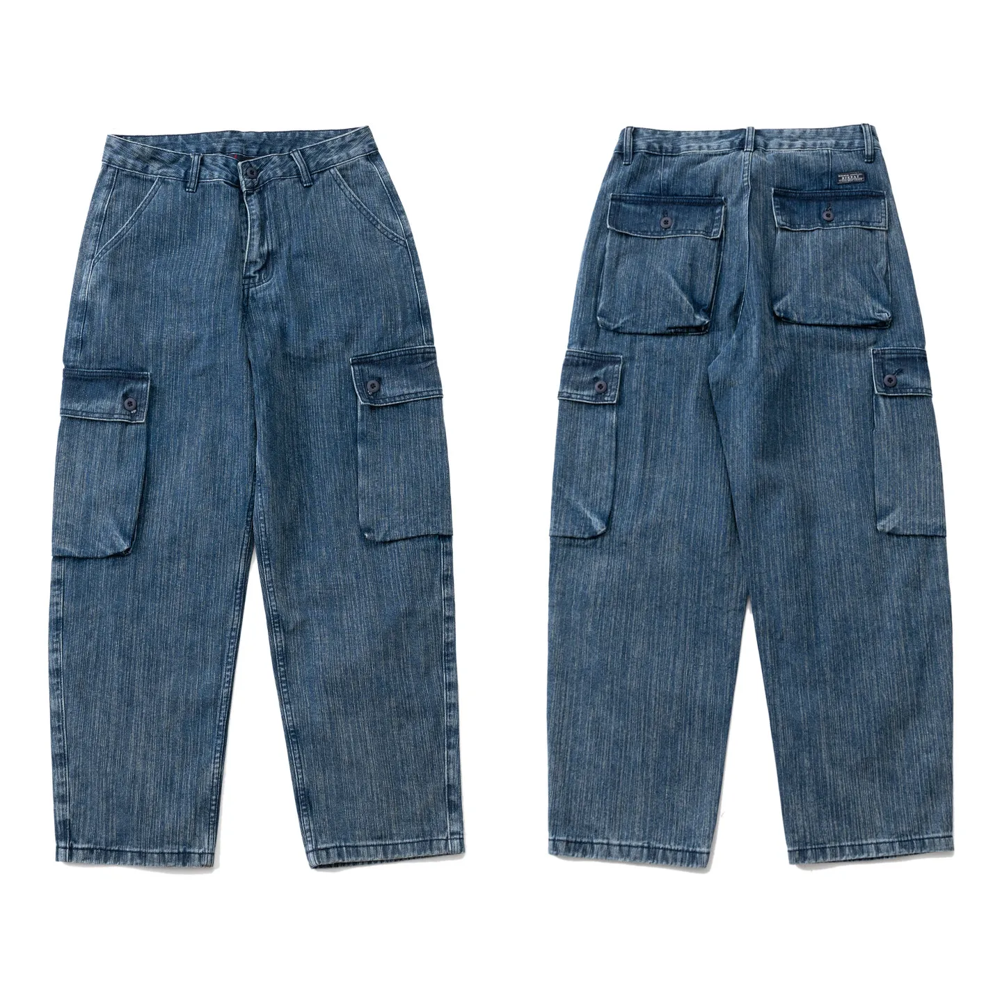 Men's Loose Straight Denim Pants with Multiple Pockets Distressed Blue American Casual Jeans